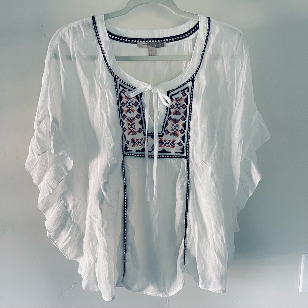 Forever 21 White Boho Embroidered Blouse